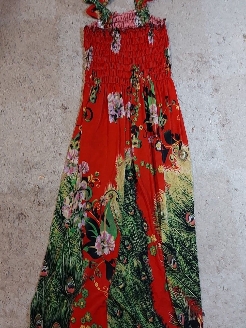 Red Floral & Peacock Print Maxi Dress